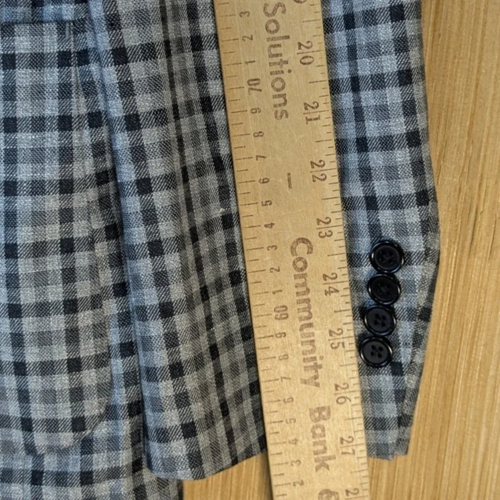 Hickey Freeman Mens 46L Gingham Check Linen Wool Blend Blazer Sport Coat Grey